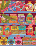 A colorful retro-style illustrated grocery shelf scene with jars, bottles, and packaged goods. The artwork is highly decorative and cartoon-like, with shelves in blue, red, yellow, green, and pink tones.