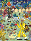 A colorful psychedelic art print featuring two stylized figures in space suits walking dogs in a whimsical, patterned garden with planets, flowers, and futuristic houses in the background.