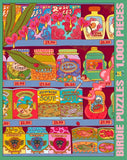 A colorful jigsaw puzzle design featuring illustrated grocery items on shelves, including jars, bottles, and packaged goods, with the text 'BIRDIE PUZZLES 1,000 PIECES' along the right side.