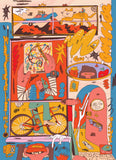 A colorful, whimsical collage-style illustration with cartoon figures, a bicycle, stars, abstract shapes, and playful doodles filling the frame.
