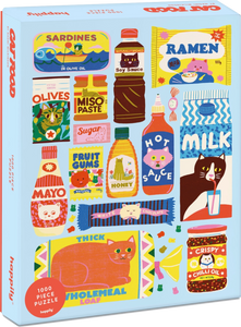 Puzzle box with colorful illustrations of food items and a cat on a light blue background