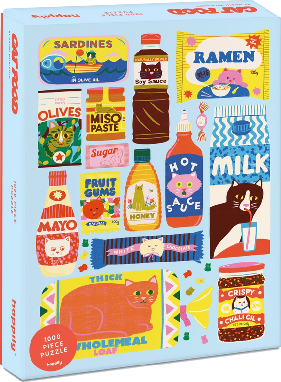 Puzzle box with colorful illustrations of food items and a cat on a light blue background