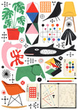 Collage of various abstract shapes, animals, and objects on a white background