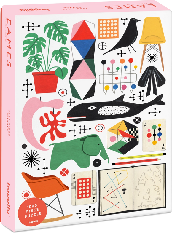 Puzzle box with colorful graphics and 'Eames' branding on a pink background