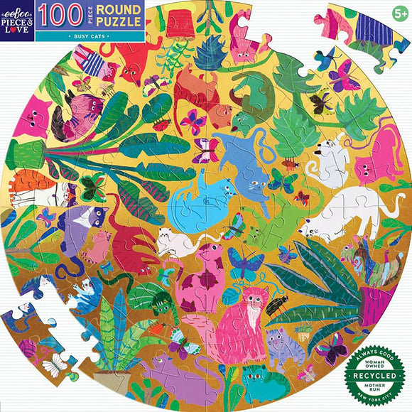 Eeboo | Busy Cats - Monika Forsberg | 100 Pieces | Round Jigsaw Puzzle