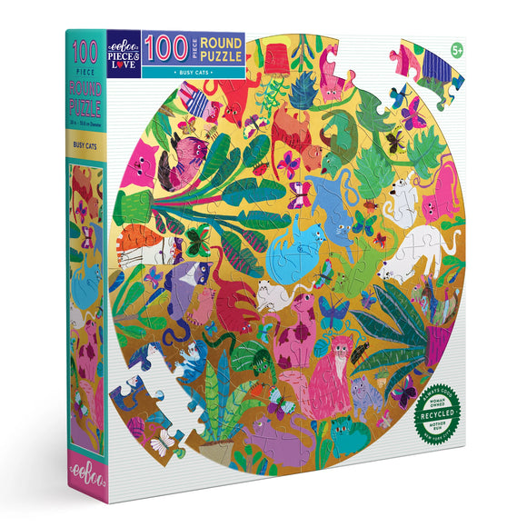 Busy Cats - Monika Forsberg | Eeboo | 100 Pieces | Round Jigsaw Puzzle