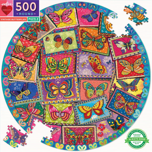 Eeboo | Vintage Butterlfies - Fumiha Tanaka | 500 Pieces | Round Jigsaw Puzzle