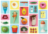 Collage of food items with faces on a colorful background