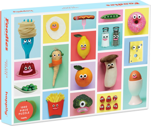 Puzzle box with colorful illustrations of food items with faces on a blue background
