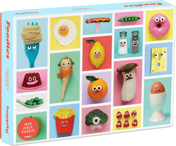 Puzzle box with colorful illustrations of food items with faces on a blue background