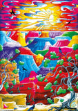 Colorful abstract landscape with mountains and sky.