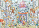Illustration of a fantasy town with a castle and various characters, featuring the 'Puzzle Kingdom' title.