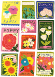 Collection of colorful seed packets with floral designs and text.