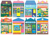 Illustrations of colorful store fronts including a bicycle shop, patisserie, bakery, florist, arts and crafts shop, ice cream shop, bookshop, and birthday shop.