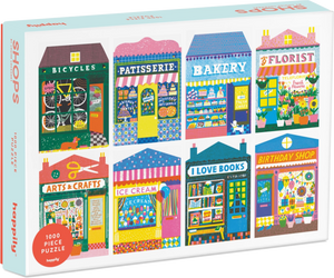 Puzzle box with colorful illustrations of various shops on a white background