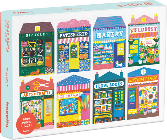 Puzzle box with colorful illustrations of various shops on a white background