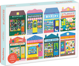 Puzzle box with colorful illustrations of various shops on a white background