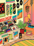 A colorful illustrated room scene with vinyl records in a record store, posters and skateboards on the wall, a potted plant, a brick counter, and a cat lying in a pink pet bed by a window.