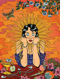 A stylized illustrated portrait of a woman with closed eyes, black hair, and a blue polka-dot top, surrounded by radiating yellow lines. The scene includes flowers, a butterfly, a gold goblet, an apple, scattered pearls, and a knife against a warm orange and red background.
