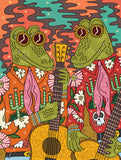 A colorful psychedelic illustration of two green alligators playing acoustic guitars, surrounded by flowers, cacti, and swirling orange, teal, pink, and brown patterns.