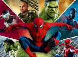 A Marvel Avengers-themed collage featuring Spider-Man in the center, with Hulk, Captain America, Black Widow, and Daredevil shown around him in dynamic comic-style portraits on a white background.