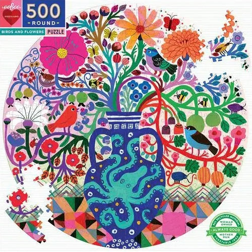 Eeboo | Birds and Flowers - Monika Forsberg | 500 Pieces | Round Jigsaw Puzzle