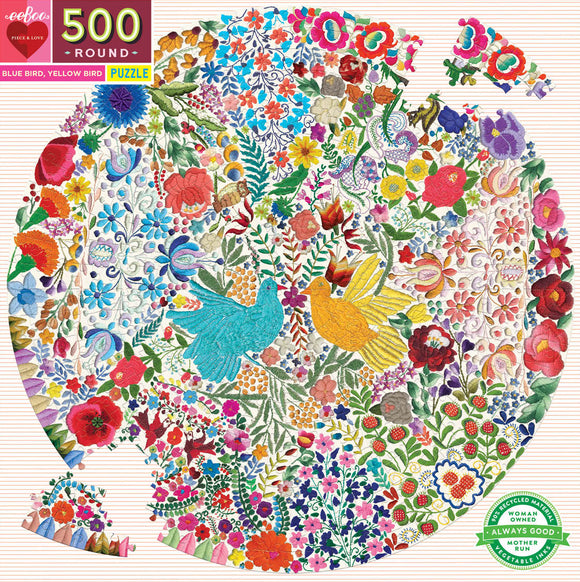 Eeboo | Blue Bird, Yellow Bird - Fumiha Tanaka | 500 Pieces | Round Jigsaw Puzzle