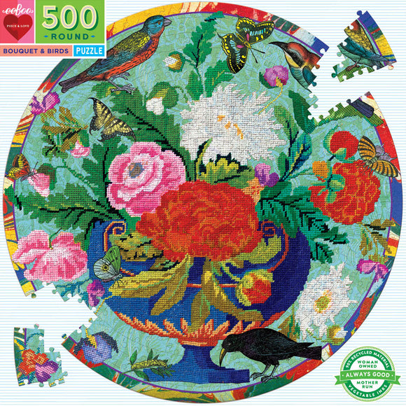 Eeboo | Bouquet & Birds - Fumiha Tanaka | 500 Pieces | Round Jigsaw Puzzle