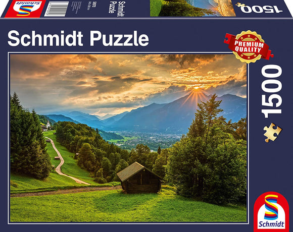 Schmidt | Sunset Over The Mountain Village Of Wamberg | 1500 Pieces | Jigsaw Puzzle
